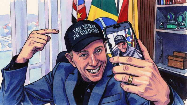 Prefeito de Sorocaba, Rodrigo Manga, em seu gabinete no Palácio dos Tropeiros (Foto: Reprodução)