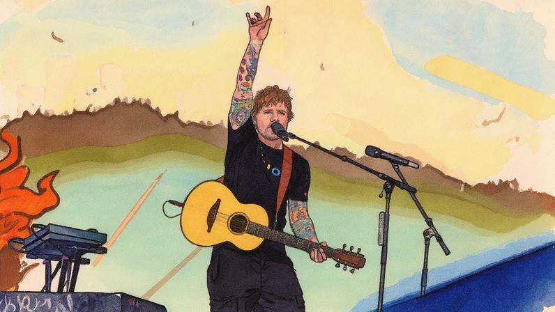 Cantor Ed Sheeran se apresenta no Palco Mundo durante o festival (Foto: Reprodução)