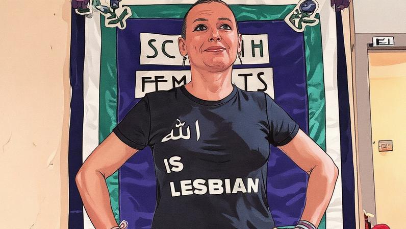 Ativista marroquina Ibtissam Lachgar, detida por blasfemia, usa camiseta com a inscrição "Alá é lesbiana" (Foto: Reprodução)