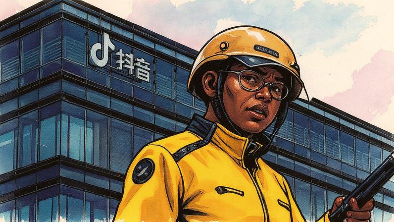 Repartidor passa em frente a uma oficina da ByteDance com o logotipo do Douyin em Pequim, China (Foto: Reprodução)