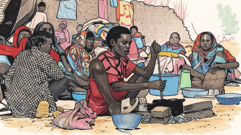 Menina prepara comida em um campo de refugiados em El Fasher (Foto: Reprodução)