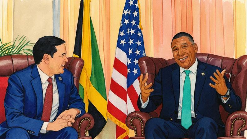 Secretário de Estado dos EUA, Marco Rubio, e Primeiro-Ministro da Jamaica, Andrew Holness, realizam coletiva de imprensa em Kingston (Foto: Reprodução)