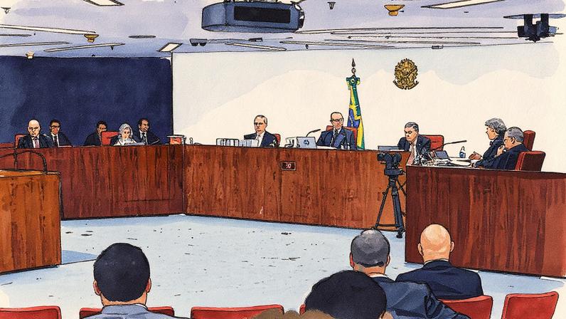 Ministros da Primeira Turma do STF durante julgamento de caso relacionado a uma trama golpista (Foto: Reprodução)