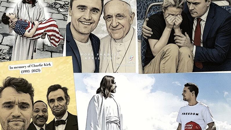 Conteúdo gerado por IA retratando o ativista conservador Charlie Kirk em postagens de redes sociais (Foto: Reprodução)
