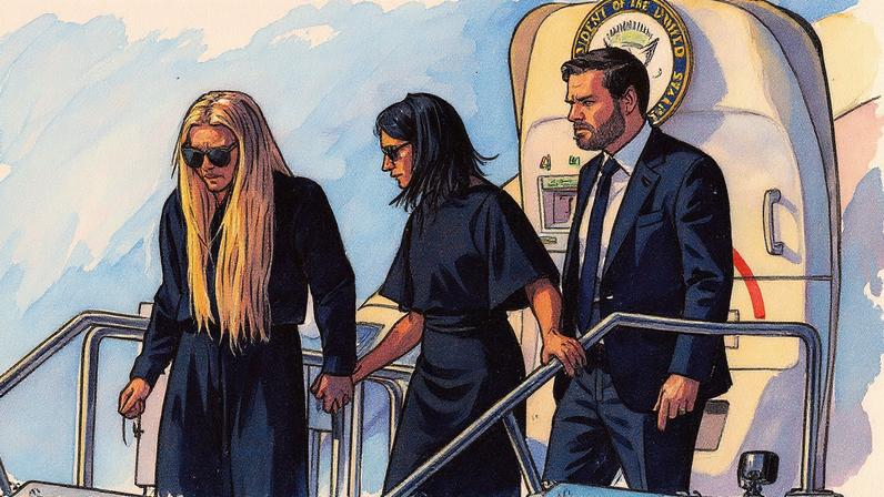 Erika Kirk, Usha Vance e J. D. Vance descem do 'Air Force Two' em Phoenix, após o traslado dos restos de um líder MAGA assassinado (Foto: Reprodução)