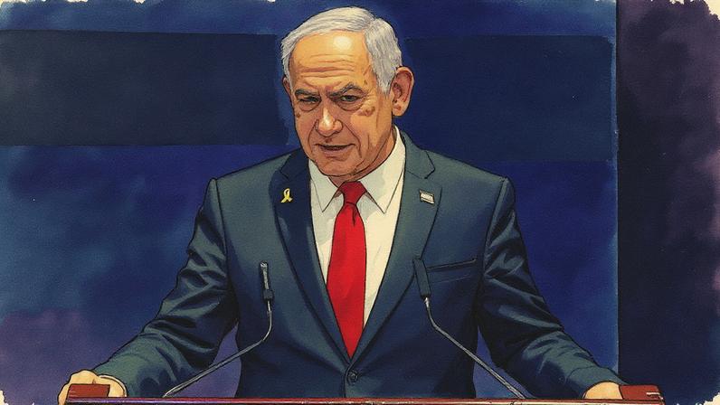 Benjamin Netanyahu em uma conferência, falando ao microfone (Foto: Reprodução)