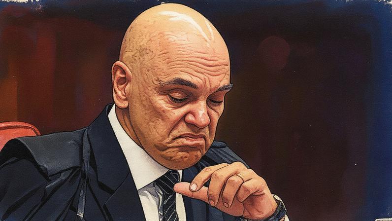 Ministro Alexandre de Moraes durante o 4º dia de julgamento da trama golpista no STF, enquanto o ministro Luiz Fux profere o voto (Foto: Reprodução)