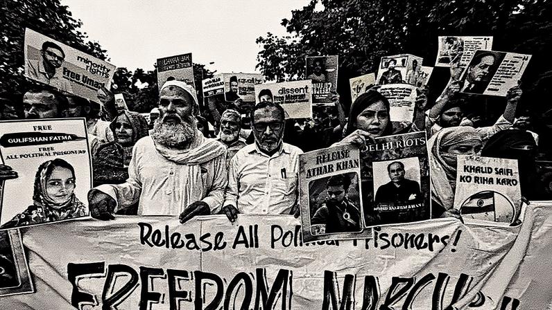 Membros da família e estudantes participam de uma marcha pela liberdade de ativistas detidos no campus da Universidade Jawaharlal Nehru em Nova Délhi (Foto: Reprodução)