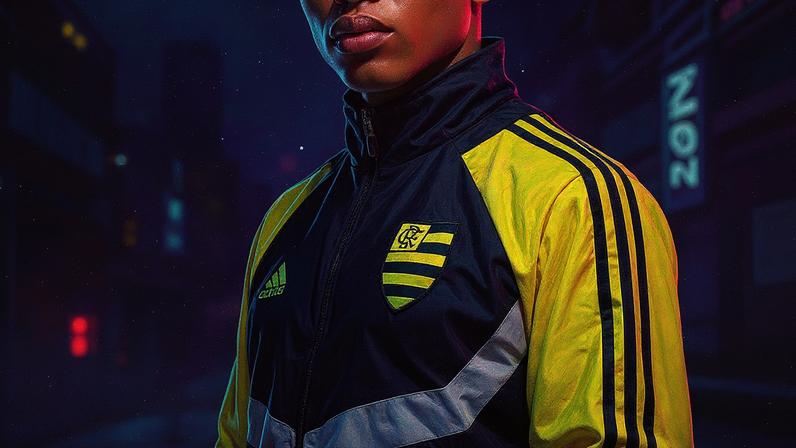 Agasalho do Flamengo com escudo bordado em amarelo, lançado pela Adidas (Foto: Reprodução)