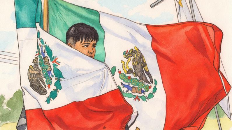 Menino cercado por bandeiras mexicanas durante o desfile da comunidade mexicana em Chicago no Dia da Independência do México (Foto: Reprodução)