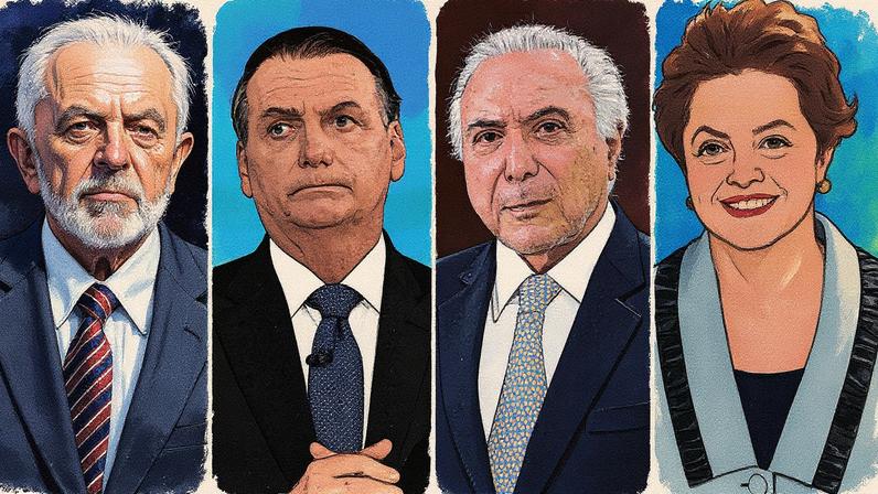 Imagem com os rostos de Lula, Bolsonaro, Temer e Dilma, acompanhada de informações sobre o crescimento da economia durante seus mandatos presidenciais (Foto: Reprodução)