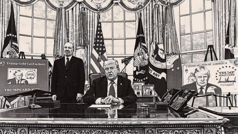 Presidente dos EUA, Donald Trump, sentado ao lado de uma placa que diz "O Cartão Dourado Trump chegou", com o Secretário de Comércio dos EUA, Howard Lutnick, no Salão Oval da Casa Branca (Foto: Reprodução)