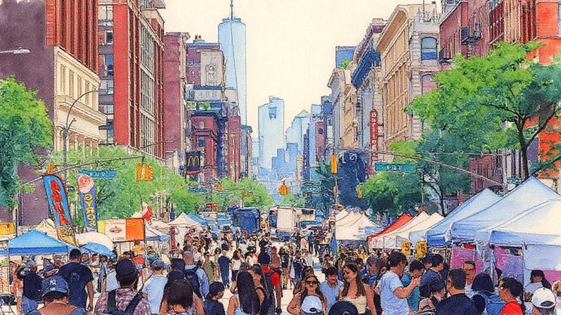 Pessoas caminham pela 6ª Avenida em frente ao One World Trade Center durante um festival de rua em Nova York (Foto: Reprodução)