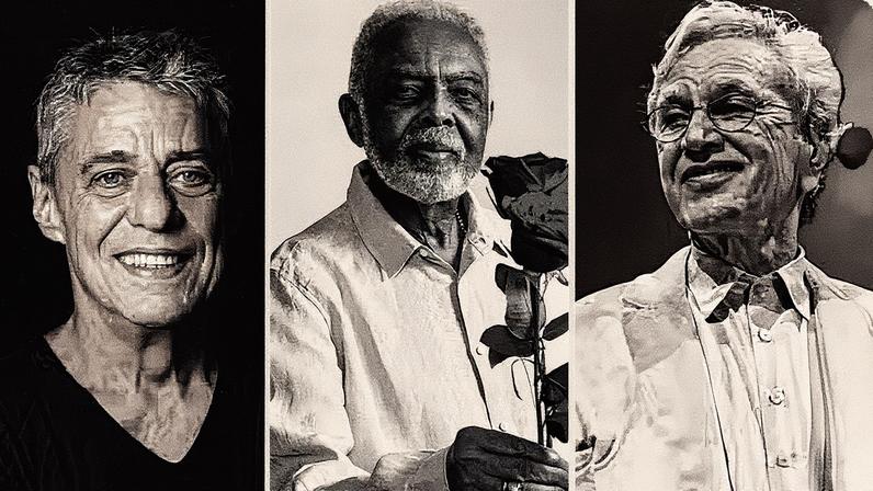 Chico Buarque, Gilberto Gil e Caetano Veloso posam juntos para a foto (Foto: Reprodução)