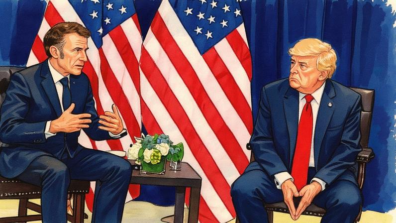 Trump and Macron sit on low chairs in front of two US flags; Macron is speaking while Trump looks on.