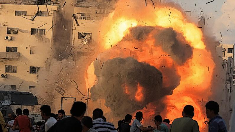 Grupo de palestinos diante da bola de fogo causada por ataque israelense a um edifício de apartamentos em Gaza (Foto: Reprodução)