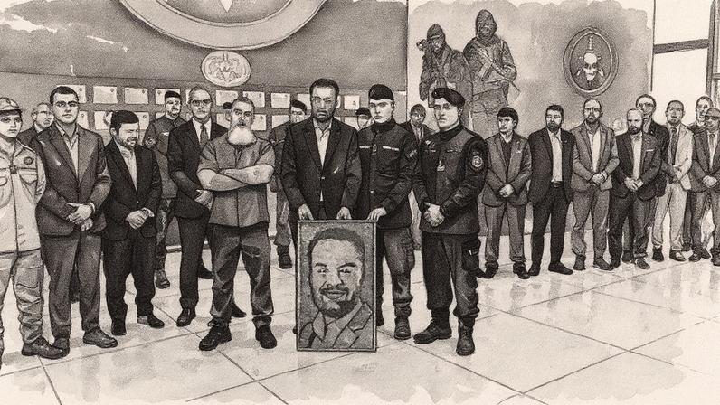 Artista plástico Rodrigo Camacho, governador Cláudio Castro, Secretário Estadual de Polícia Militar Marcelo de Menezes e Comandante do Bope Marcelo Corbage posam para foto (Foto: Reprodução)