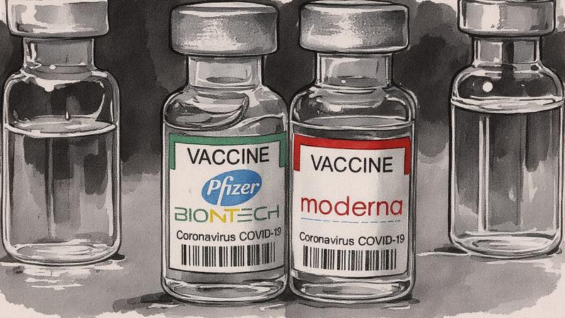 Frascos com rótulos das vacinas contra a COVID-19 da Pfizer-BioNTech e Moderna em uma ilustração (Foto: Reprodução)