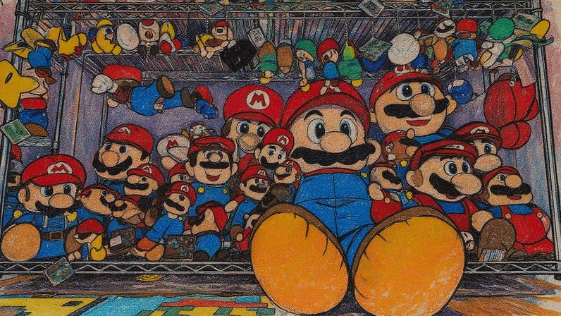 Bonecos de pelúcia do Super Mario em diferentes tamanhos expostos na residência de um colecionador em Mishima, Japão (Foto: Reprodução)