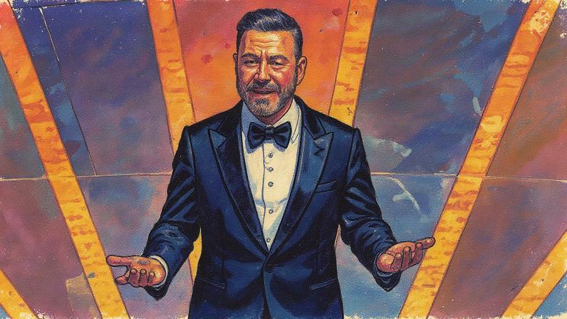 Jimmy Kimmel apresenta o Oscar 2023 em um palco iluminado (Foto: Reprodução)