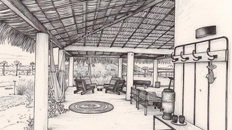 Varanda da pousada Óia Casa Lençóis com decoração de arte, artesanato e mobiliário brasileiros (Foto: Reprodução)