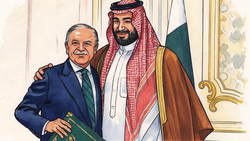 Príncipe Bin Salman abraça o premiê paquistanês, Shehbaz Sharif, após assinatura de acordo de defesa (Foto: Reprodução)