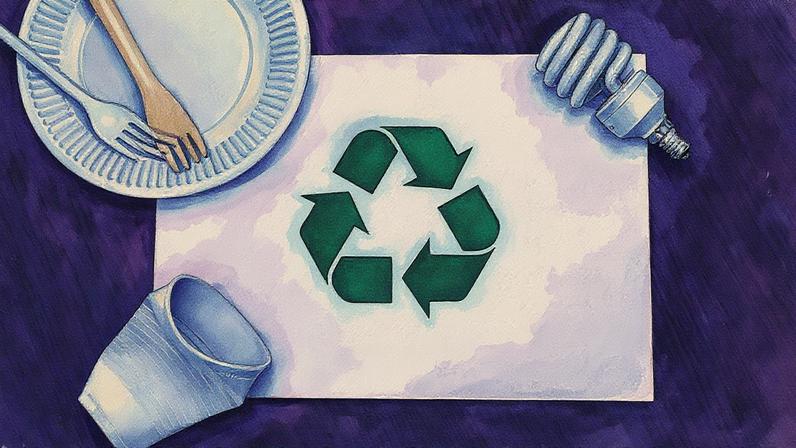 Símbolo de reciclagem com itens descartáveis ao redor (Foto: Reprodução)