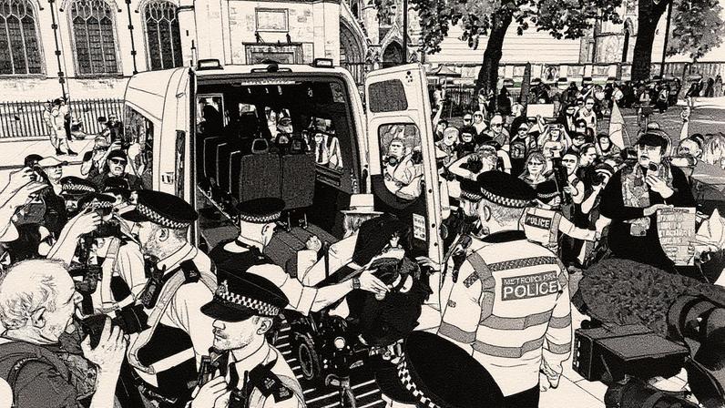 Policiais detêm manifestante em cadeira de rodas durante ato em Londres (Foto: Reprodução)