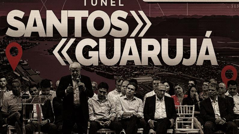 Presidente Lula discursa com o vice Geraldo Alckmin e o governador de São Paulo, Tarcísio de Freitas, durante lançamento do edital do túnel Santos-Guarujá (Foto: Reprodução)