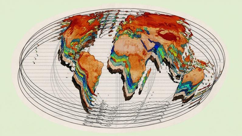 Sobreposição de mapas do mundo mostrando a distribuição de características específicas do solo, com cores distintas (Foto: Reprodução)