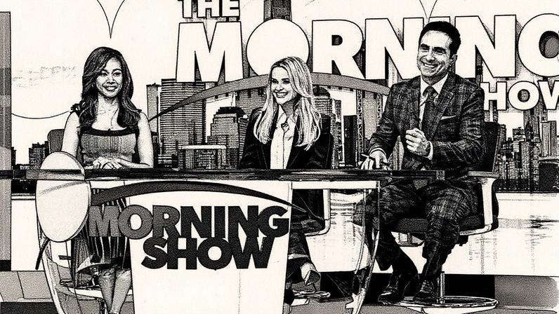 Nicole Beharie, Reese Witherspoon e Nestor Carbonell posam juntos em uma cena da quarta temporada de 'The Morning Show' (Foto: Reprodução)