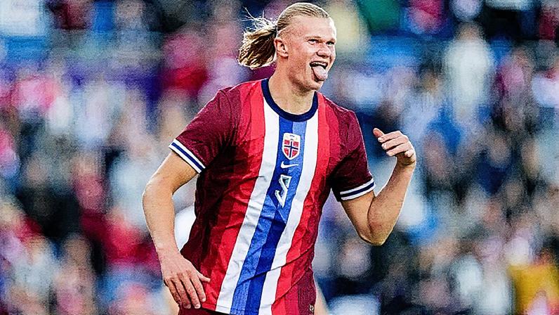 Jogador Erling Haaland em ação durante partida pela seleção da Noruega (Foto: Reprodução)