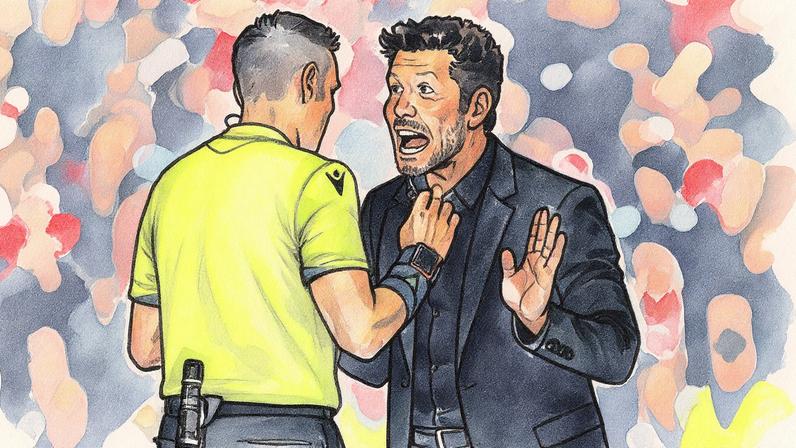 Simeone dialoga com o árbitro italiano Maurizio Marioni após ser expulso por confrontar um torcedor do Liverpool, logo após o gol de Van Dijk (Foto: Reprodução)