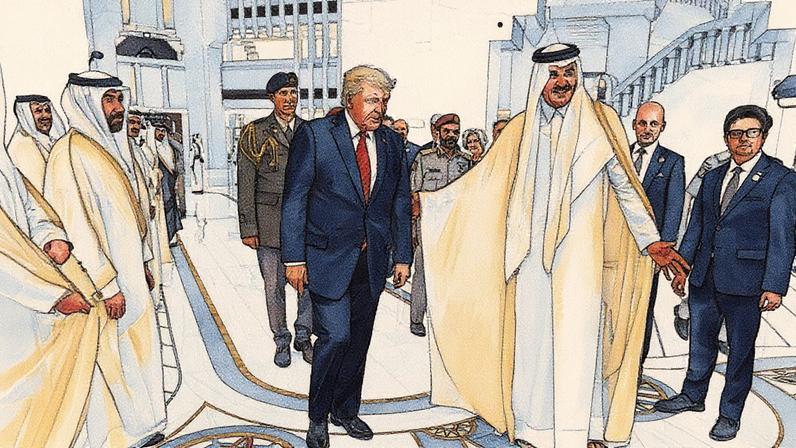 Presidente dos Estados Unidos, Donald Trump, conversa com o emir do Catar, Sheikh Tamin bin Hamad al Thani, em Doha (Foto: Reprodução)