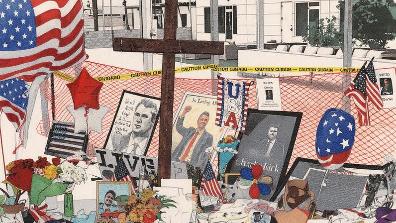 Itens são deixados em um memorial para Charlie Kirk na sede da Turning Point USA, em Phoenix, Arizona, EUA (Foto: Reprodução)