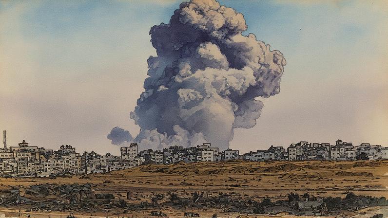 Uma coluna de fumaça se eleva sobre a Cidade de Gaza após um ataque (Foto: Reprodução)