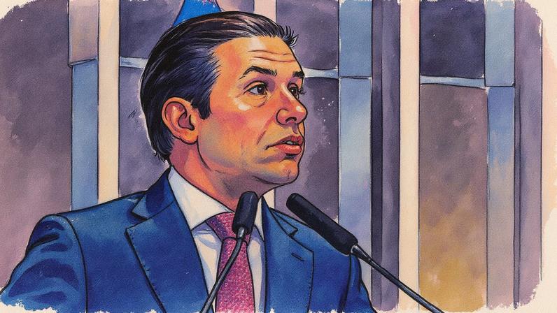 Homem de terno fala ao microfone durante apresentação em um palco com gráfico ao fundo (Foto: Reprodução)