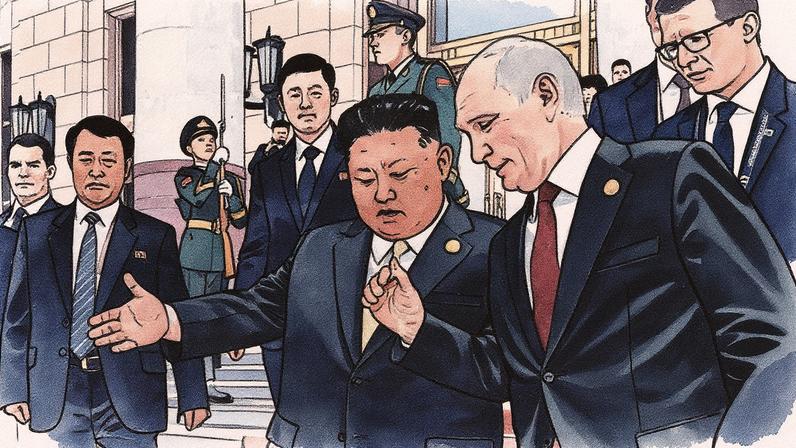 Líderes Vladimir Putin e Kim Jong-un durante encontro bilateral em Pequim (Foto: Reprodução)
