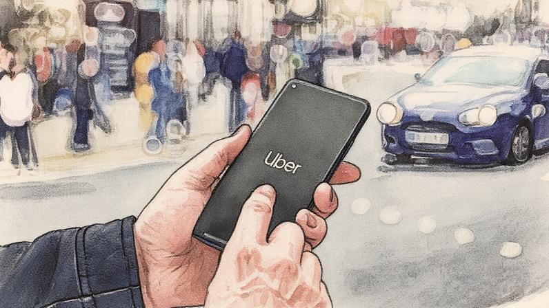Homem segura smartphone com o aplicativo Uber visível na tela, enquanto táxis aguardam em fila ao fundo (Foto: Reprodução)