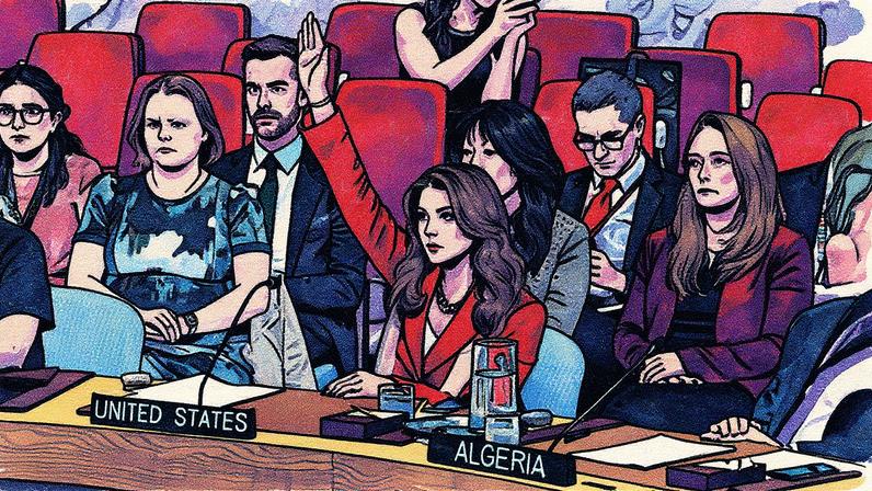 Embaixadora adjunta dos EUA para o Oriente Médio, Morgan Ortagus, levanta a mão para vetar um projeto de resolução durante reunião do Conselho de Segurança da ONU sobre a situação em Gaza (Foto: Reprodução)