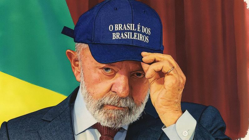 Presidente Luiz Inácio Lula da Silva usa boné com a frase "Brasil é dos brasileiros" durante reunião ministerial no Palácio do Planalto (Foto: Reprodução)