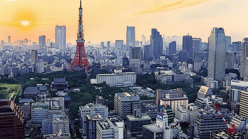 Torre de Tóquio se destaca entre edifícios ao anoitecer em Tóquio, Japão (Foto: Reprodução)