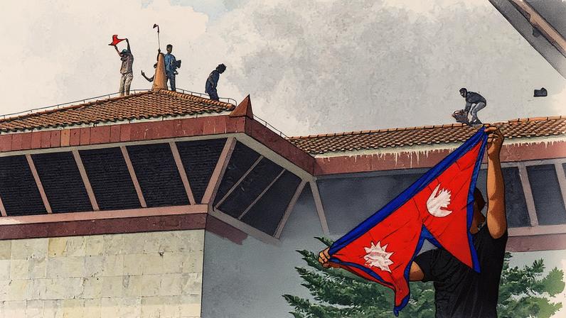Manifestantes seguram bandeira do Nepal após entrar no complexo do Parlamento durante protesto contra o governo (Foto: Reprodução)