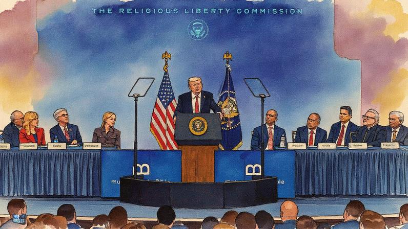 Presidente Donald Trump participa de reunião da Comissão de Liberdade Religiosa no Museu da Bíblia, em Washington (Foto: Reprodução)