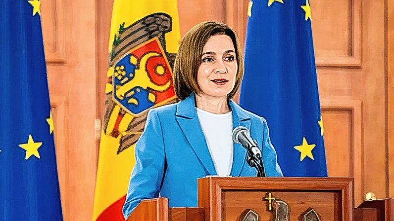 Moldova's president, Maia Sandu, stands at a podium in front of the Moldovan flag and EU flags