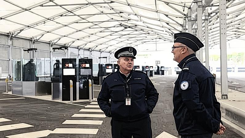 French police officers at the Eurotunnel’s new entry-exit system in Folkestone, Kent. Photograph: Jack Taylor/Reuters