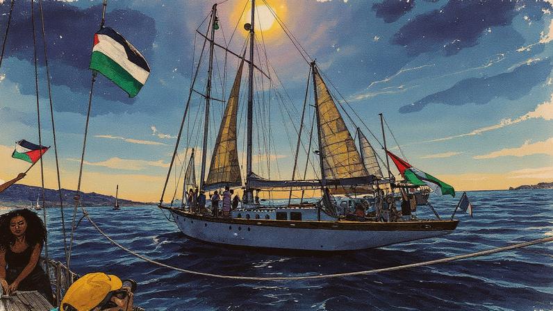 Veleiros com bandeiras palestinas participam de reunião de barcos em apoio a uma flotilha que leva ajuda humanitária e ativistas em direção a Gaza (Foto: Reprodução)