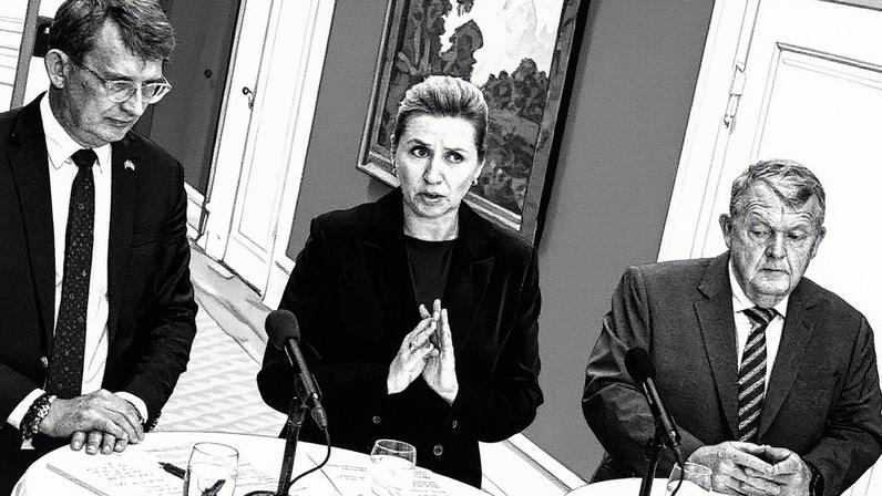 Primeira-ministra da Dinamarca, Mette Frederiksen, e ministros Troels Lund Poulsen e Lars Loekke Rasmussen em reunião sobre medidas de defesa (Foto: Reprodução)