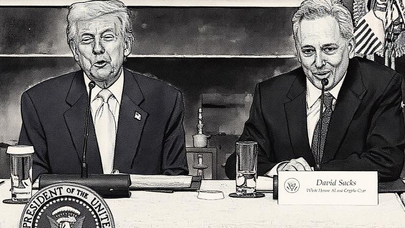 Presidente dos EUA, Donald Trump, sentado ao lado do czar das criptomoedas, David Sacks, durante a Cúpula de Criptomoedas na Casa Branca (Foto: Reprodução)