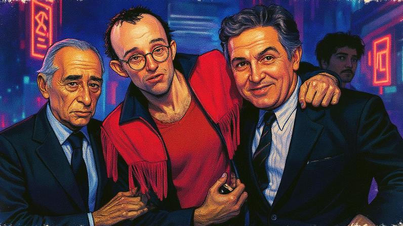 Homem e duas figuras em pé, uma delas com uma camiseta colorida, em um ambiente de galeria de arte (Foto: Reprodução)